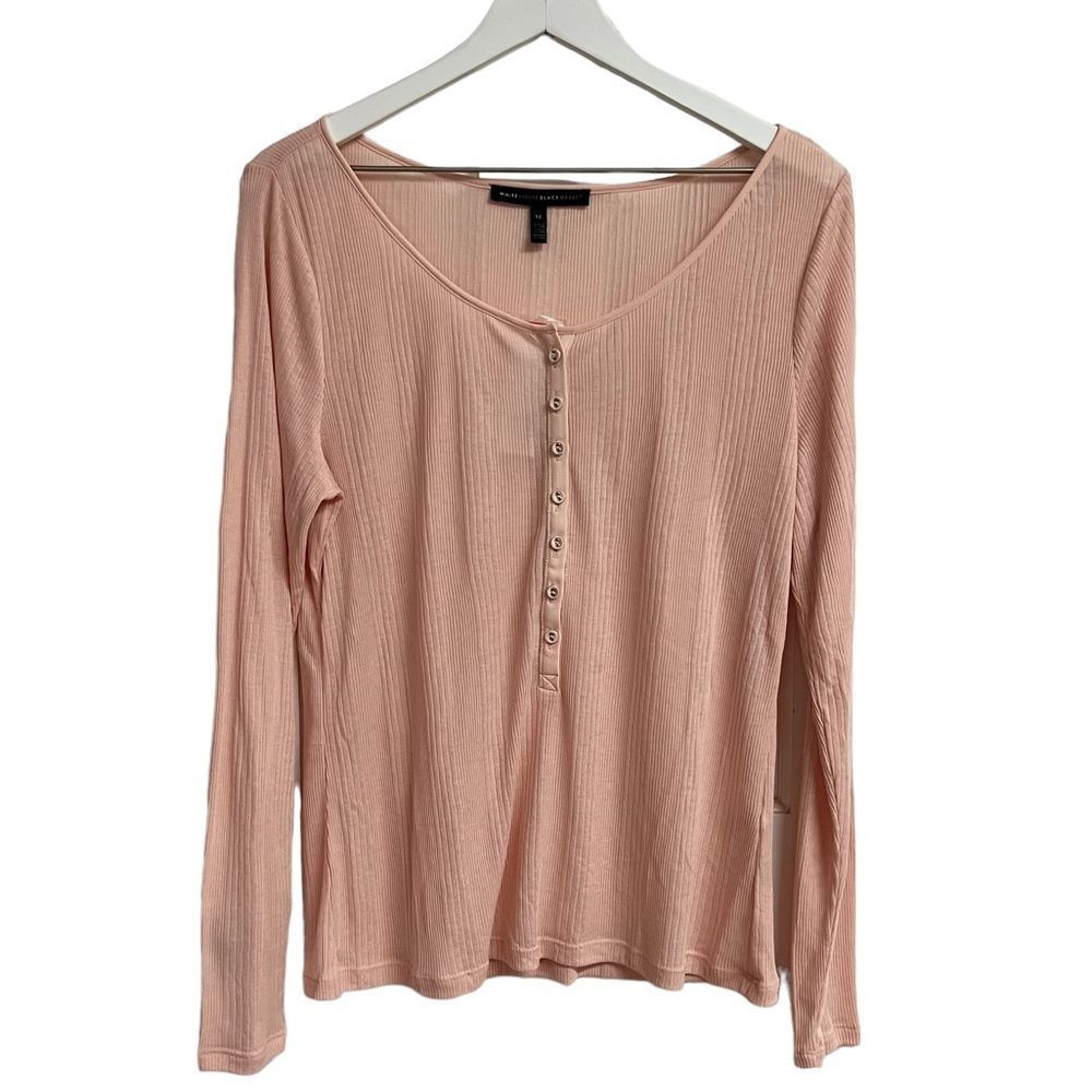 NWT White House Black Market WHBM Pink Ribbed Henley Top Long Sleeve T-Shirt
